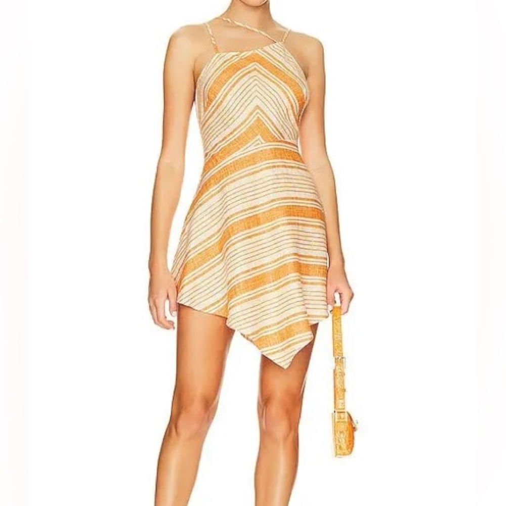 L' Academie Manon Linen Asymmetric Mini Dress in Chai Stripe - Size Small
